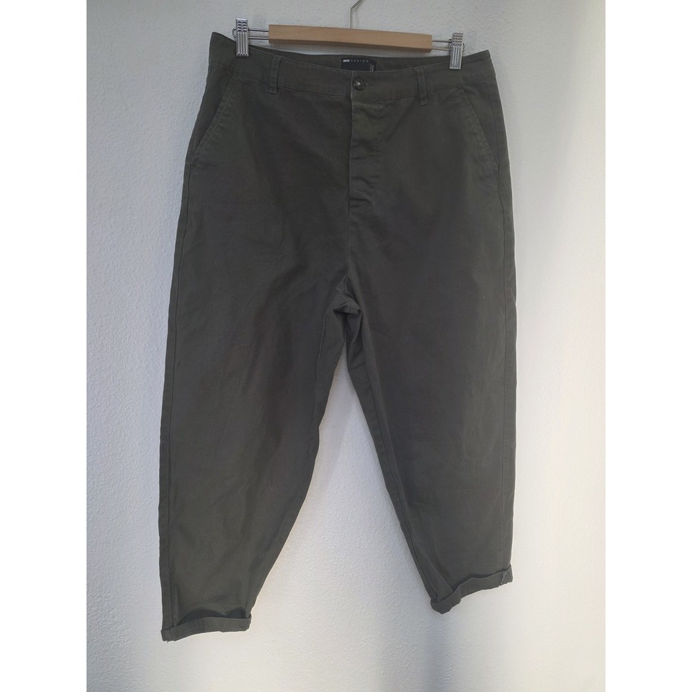 ASOS DESIGN Men Cargo Pants W34 L32 Olive Green Solid Cotton Trousers Slacks